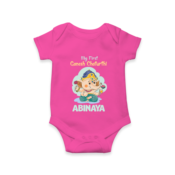 My First Ganesh Chaturthi Celebration Romper / Onesie | Personalized Baby Romper / Onesie for the Festival - HOT PINK - New Born (Chest 14")