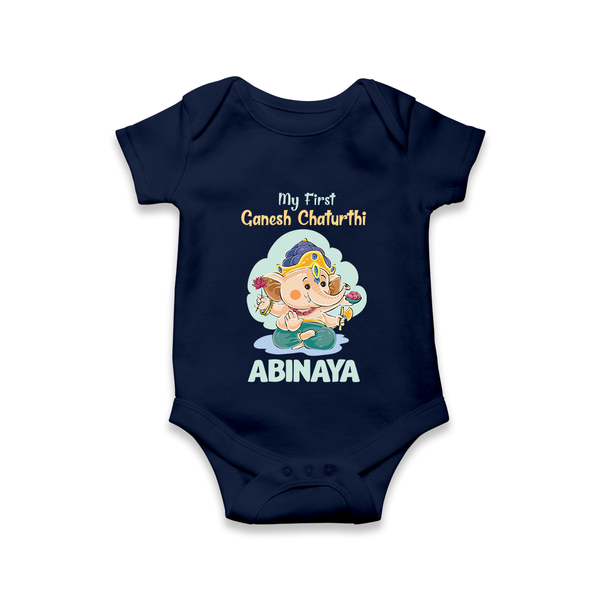 My First Ganesh Chaturthi Celebration Romper / Onesie | Personalized Baby Romper / Onesie for the Festival - NAVY BLUE - New Born (Chest 14")