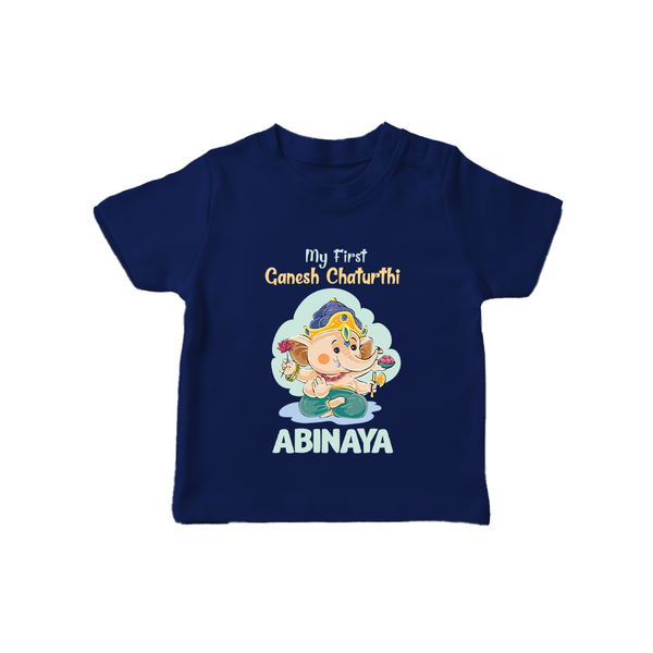 My First Ganesh Chaturthi Celebration T-Shirt | Personalized Baby T-Shirt for the Festival - NAVY BLUE - 0-5 Months Old (Chest 17")