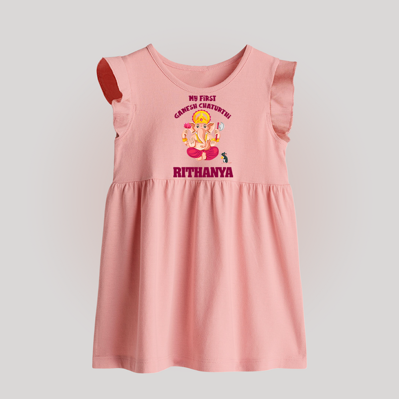 My First Ganesh Festival Baby Frock | Custom Baby Frock to Celebrate Ganesh Chaturthi - BABY PINK - 0 - 3 Months Old (Chest 17")