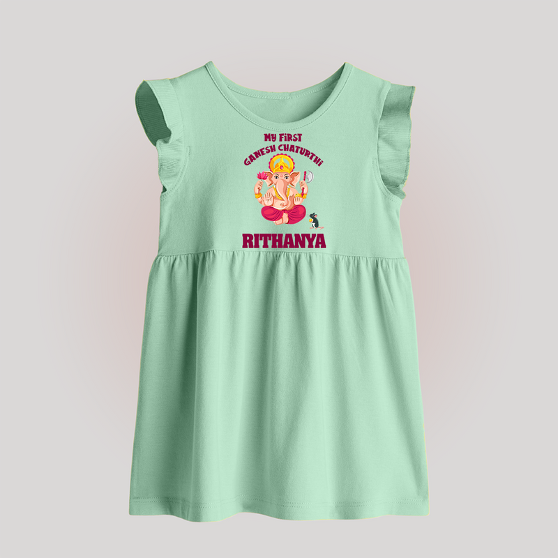 My First Ganesh Festival Baby Frock | Custom Baby Frock to Celebrate Ganesh Chaturthi - MINT GREEN - 0 - 3 Months Old (Chest 17")
