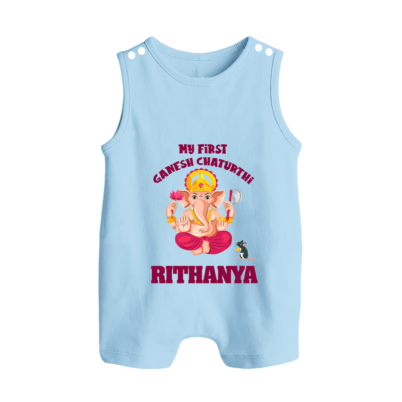 My First Ganesh Festival Romper Suit / Sleeveless Romper | Custom Baby Romper Suit / Sleeveless Romper to Celebrate Ganesh Chaturthi - BABY BLUE - 0 - 5 Months Old (Chest 18")