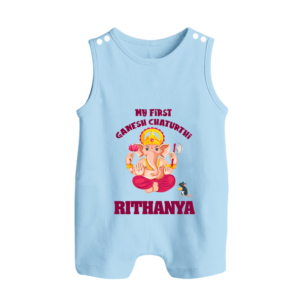 My First Ganesh Festival Romper Suit / Sleeveless Romper | Custom Baby Romper Suit / Sleeveless Romper to Celebrate Ganesh Chaturthi - BABY BLUE - 0 - 5 Months Old (Chest 18")