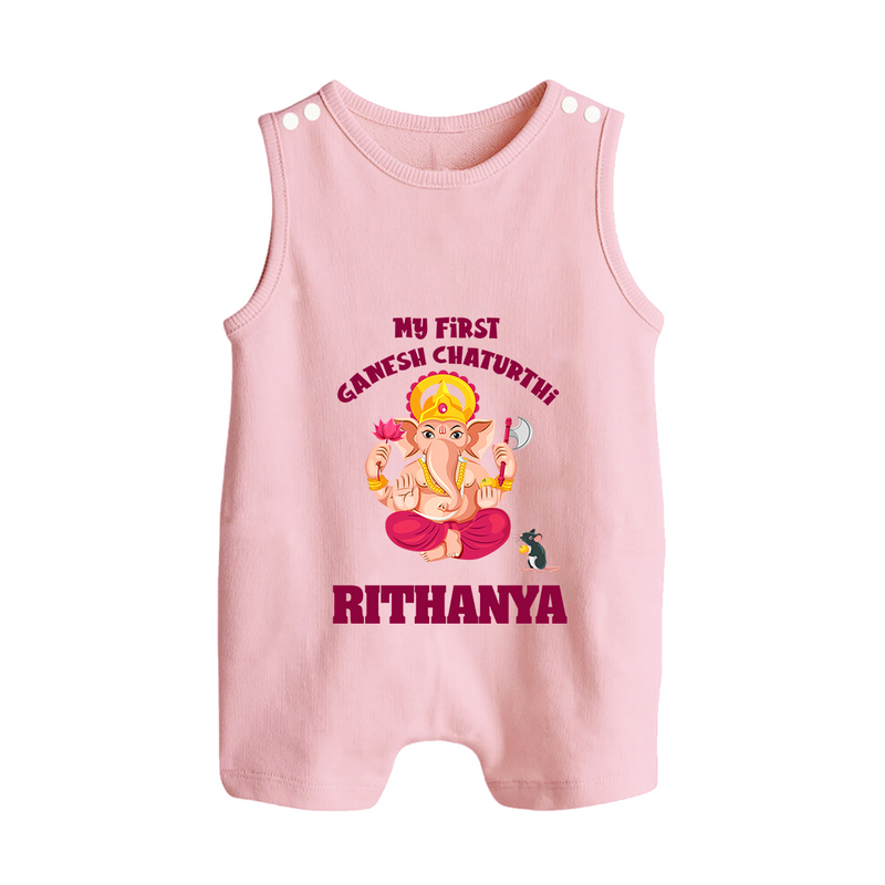 My First Ganesh Festival Romper Suit / Sleeveless Romper | Custom Baby Romper Suit / Sleeveless Romper to Celebrate Ganesh Chaturthi - BABY PINK - 0 - 5 Months Old (Chest 18")