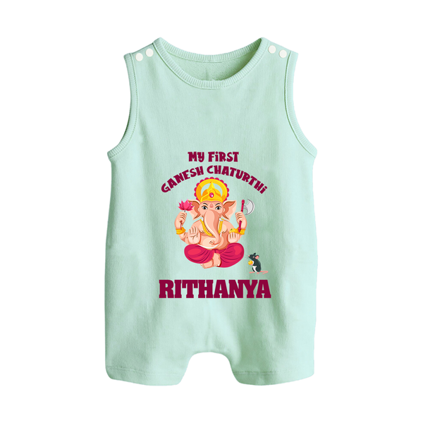 My First Ganesh Festival Romper Suit / Sleeveless Romper | Custom Baby Romper Suit / Sleeveless Romper to Celebrate Ganesh Chaturthi - MINT GREEN - 0 - 5 Months Old (Chest 18")