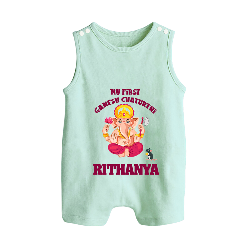 My First Ganesh Festival Romper Suit / Sleeveless Romper | Custom Baby Romper Suit / Sleeveless Romper to Celebrate Ganesh Chaturthi - MINT GREEN - 0 - 5 Months Old (Chest 18")
