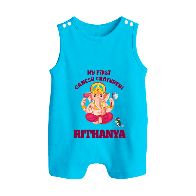 My First Ganesh Festival Romper Suit / Sleeveless Romper | Custom Baby Romper Suit / Sleeveless Romper to Celebrate Ganesh Chaturthi - SKY BLUE - 0 - 5 Months Old (Chest 18")