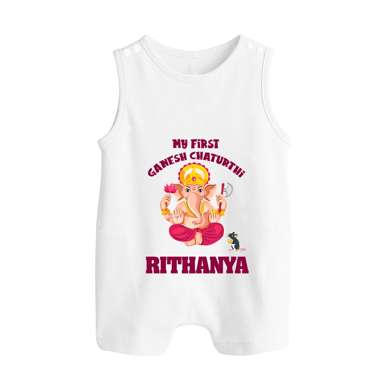 My First Ganesh Festival Romper Suit / Sleeveless Romper | Custom Baby Romper Suit / Sleeveless Romper to Celebrate Ganesh Chaturthi - WHITE - 0 - 5 Months Old (Chest 18")