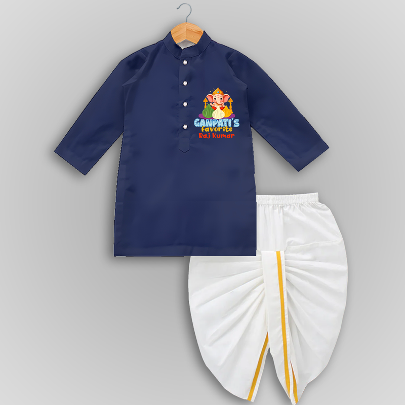 Ganpati's Favorite Modaks - Customized Drapped Dhoti For Kids - NAVY BLUE - 0-6 Month Old (Chest 24", Kurta Length 14" , Waist 19", Dhoti Length 14")