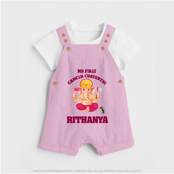 My First Ganesh Festival Dungaree Set | Custom Baby Dungaree Set to Celebrate Ganesh Chaturthi - BABY PINK - 0 - 5 Months Old (Chest 18")