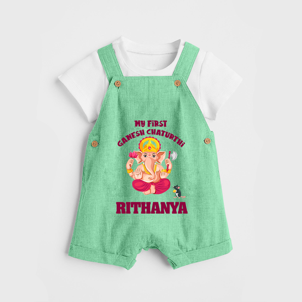 My First Ganesh Festival Dungaree Set | Custom Baby Dungaree Set to Celebrate Ganesh Chaturthi - GREEN - 0 - 5 Months Old (Chest 18")