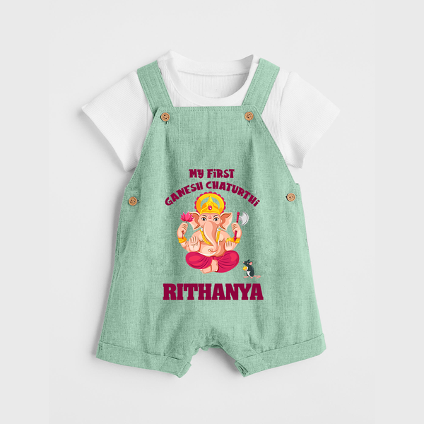 My First Ganesh Festival Dungaree Set | Custom Baby Dungaree Set to Celebrate Ganesh Chaturthi - MINT GREEN - 0 - 5 Months Old (Chest 18")