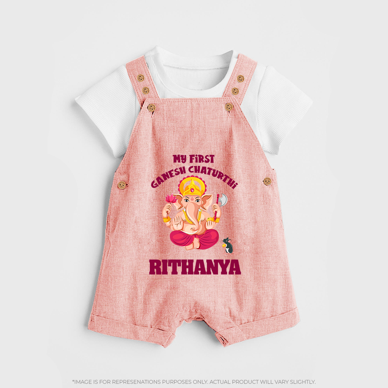 My First Ganesh Festival Dungaree Set | Custom Baby Dungaree Set to Celebrate Ganesh Chaturthi - PEACH - 0 - 5 Months Old (Chest 18")