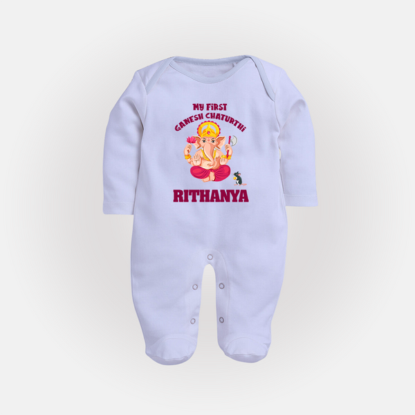 My First Ganesh Festival Sleep Suit / Full Sleeve Body Suit | Custom Baby Sleep Suit / Full Sleeve Body Suit to Celebrate Ganesh Chaturthi - BABY BLUE - New Born (Chest 7.5")