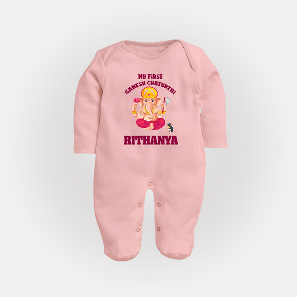 My First Ganesh Festival Sleep Suit / Full Sleeve Body Suit | Custom Baby Sleep Suit / Full Sleeve Body Suit to Celebrate Ganesh Chaturthi - BABY PINK - New Born (Chest 7.5")