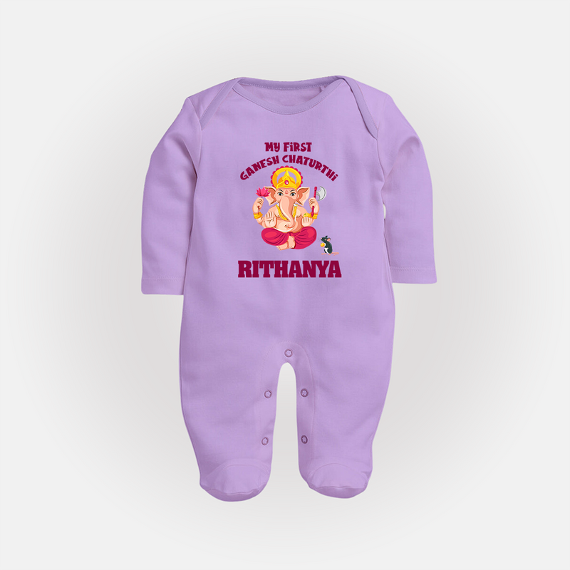 My First Ganesh Festival Sleep Suit / Full Sleeve Body Suit | Custom Baby Sleep Suit / Full Sleeve Body Suit to Celebrate Ganesh Chaturthi - LILAC - New Born (Chest 7.5")