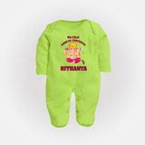 My First Ganesh Festival Sleep Suit / Full Sleeve Body Suit | Custom Baby Sleep Suit / Full Sleeve Body Suit to Celebrate Ganesh Chaturthi - LIME GREEN - New Born (Chest 7.5")
