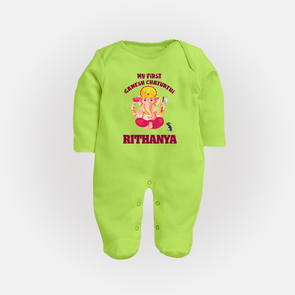 My First Ganesh Festival Sleep Suit / Full Sleeve Body Suit | Custom Baby Sleep Suit / Full Sleeve Body Suit to Celebrate Ganesh Chaturthi - LIME GREEN - New Born (Chest 7.5")