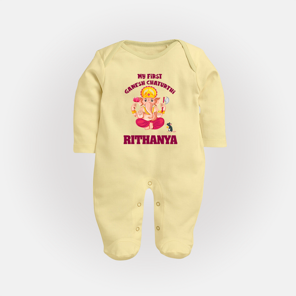 My First Ganesh Festival Sleep Suit / Full Sleeve Body Suit | Custom Baby Sleep Suit / Full Sleeve Body Suit to Celebrate Ganesh Chaturthi - PASTEL YELLOW - New Born (Chest 7.5")