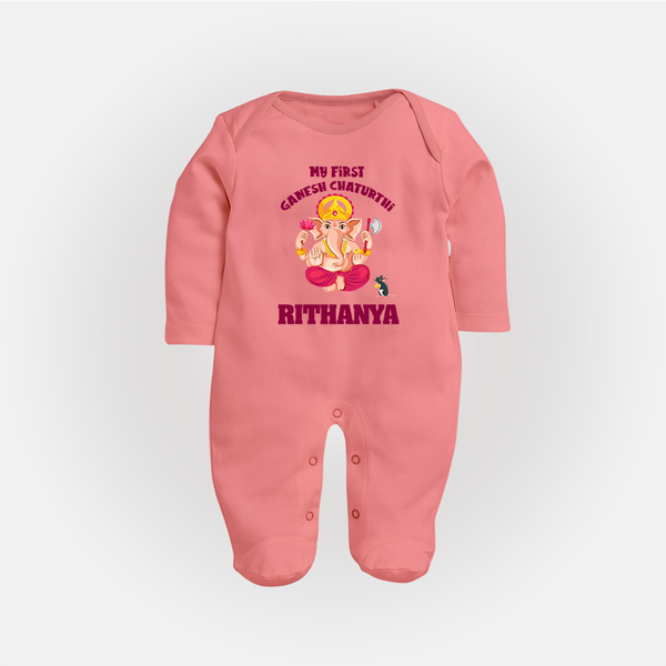 My First Ganesh Festival Sleep Suit / Full Sleeve Body Suit | Custom Baby Sleep Suit / Full Sleeve Body Suit to Celebrate Ganesh Chaturthi - PEACH - New Born (Chest 7.5")