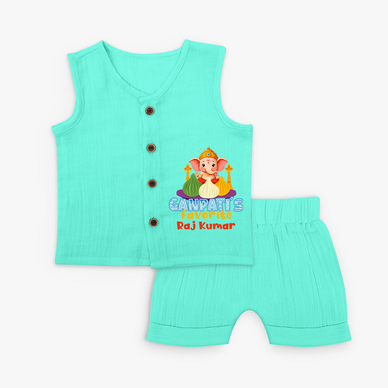 Ganpati's Favorite Modaks - Customized Jabla Set For Kids - AQUA GREEN - 0 - 3 Months Old (Chest 9.8")