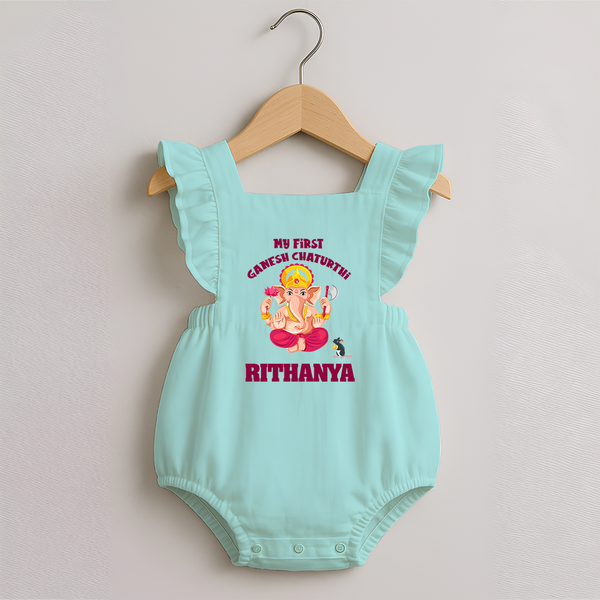 My First Ganesh Festival Romper Frock | Custom Baby Romper Frock to Celebrate Ganesh Chaturthi - MINT GREEN - 0 - 3 Months Old (Chest 19")