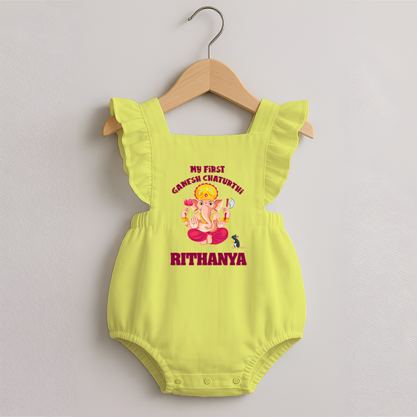 My First Ganesh Festival Romper Frock | Custom Baby Romper Frock to Celebrate Ganesh Chaturthi - PASTEL YELLOW - 0 - 3 Months Old (Chest 19")