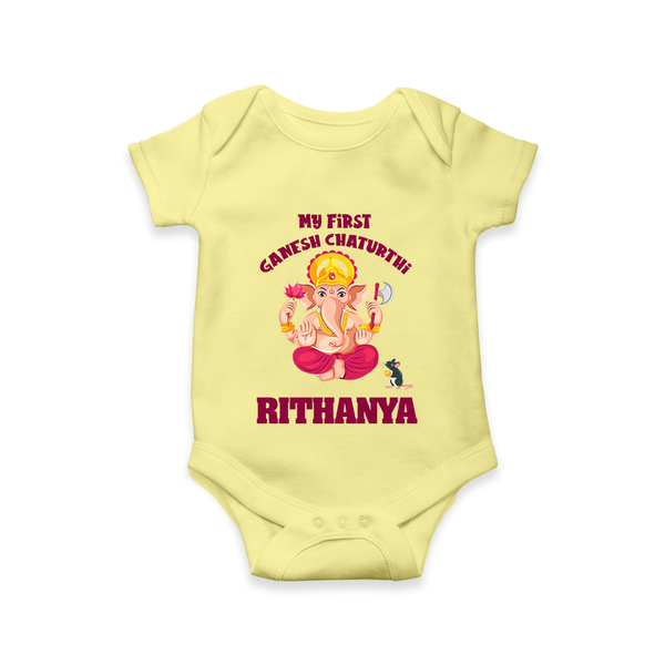 My First Ganesh Festival Romper / Onesie | Custom Baby Romper / Onesie to Celebrate Ganesh Chaturthi - PASTEL YELLOW - New Born (Chest 14")