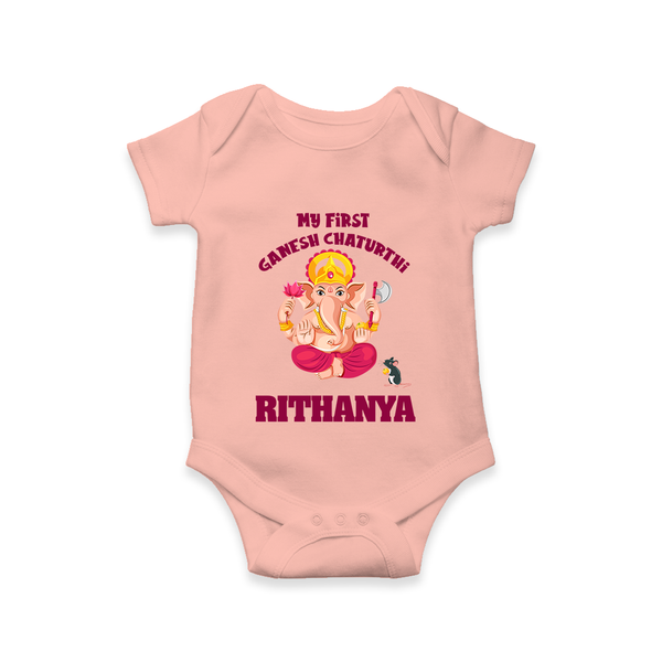 My First Ganesh Festival Romper / Onesie | Custom Baby Romper / Onesie to Celebrate Ganesh Chaturthi - PEACH - New Born (Chest 14")