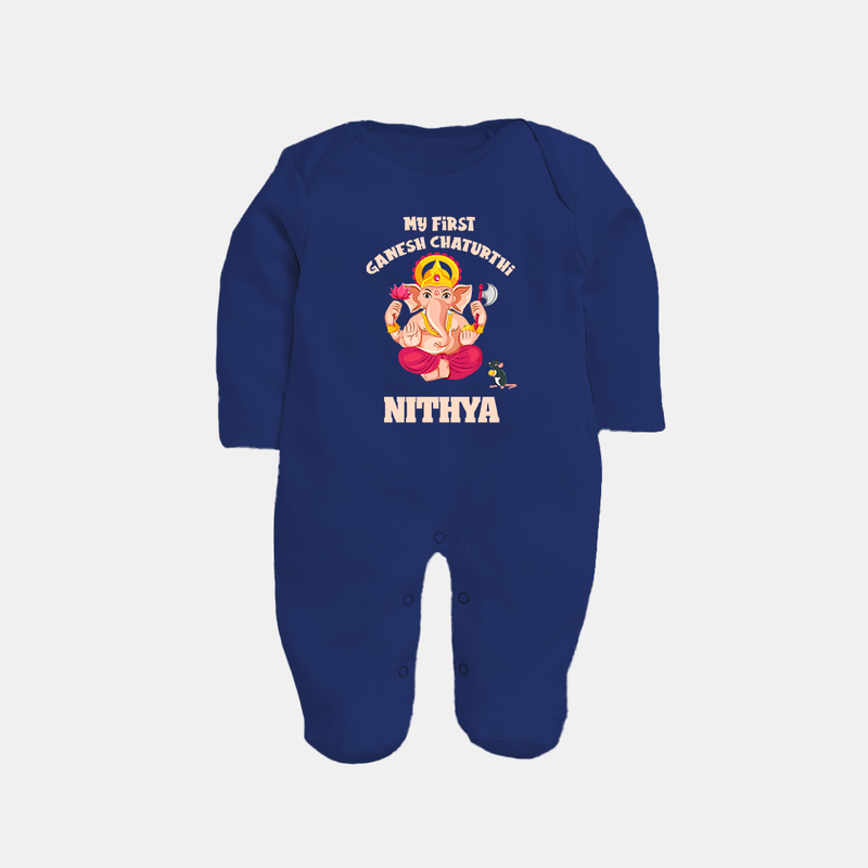 My First Ganesh Festival Sleep Suit / Full Sleeve Body Suit | Custom Baby Sleep Suit / Full Sleeve Body Suit to Celebrate Ganesh Chaturthi - NAVY BLUE - New Born (Chest 7.5")