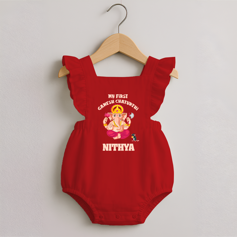 My First Ganesh Festival Romper Frock | Custom Baby Romper Frock to Celebrate Ganesh Chaturthi - RED - 0 - 3 Months Old (Chest 19")