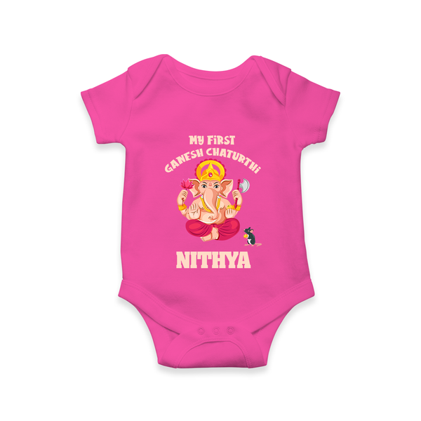 My First Ganesh Festival Romper / Onesie | Custom Baby Romper / Onesie to Celebrate Ganesh Chaturthi - HOT PINK - New Born (Chest 14")
