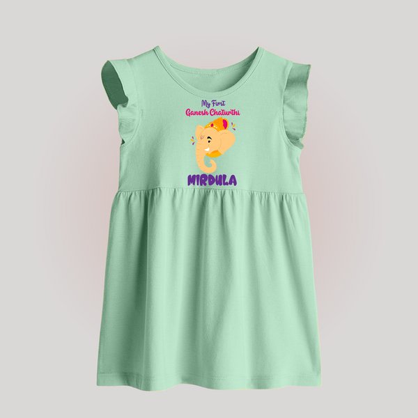 Ganesh Chaturthi Baby Frock | Personalized Baby Frock for Your Little Devotee - MINT GREEN - 0 - 3 Months Old (Chest 17")
