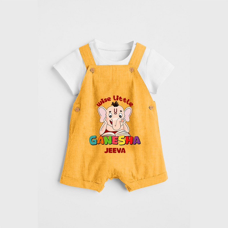 Wise Little Ganesha - Customized Dungaree Set For Kids - PASTEL YELLOW - 0 - 5 Months Old (Chest 18")