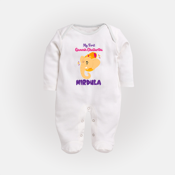 Ganesh Chaturthi Baby Sleep Suit / Full Sleeve Body Suit | Personalized Sleep Suit / Full Sleeve Body Suit for Your Little Devotee - WHITE - New Born (Chest 7.5")