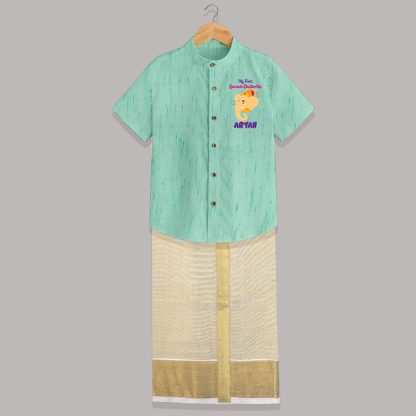 Ganesh Chaturthi Baby Shirt And Dhoti | Personalized Shirt And Dhoti for Your Little Devotee - AQUA GREEN - 0 - 6 Months Old (Chest-23") (Dhoti length-14")