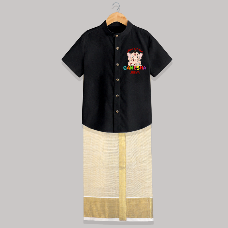 Wise Little Ganesha - Customized Raw Silk Shirt And Dhoti For Kids - BLACK - 0 - 6 Months Old (Chest-23") (Dhoti length-14")