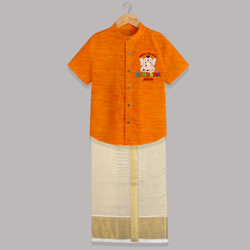 Wise Little Ganesha - Customized Raw Silk Shirt And Dhoti For Kids - MARIGOLD - 0 - 6 Months Old (Chest-23") (Dhoti length-14")