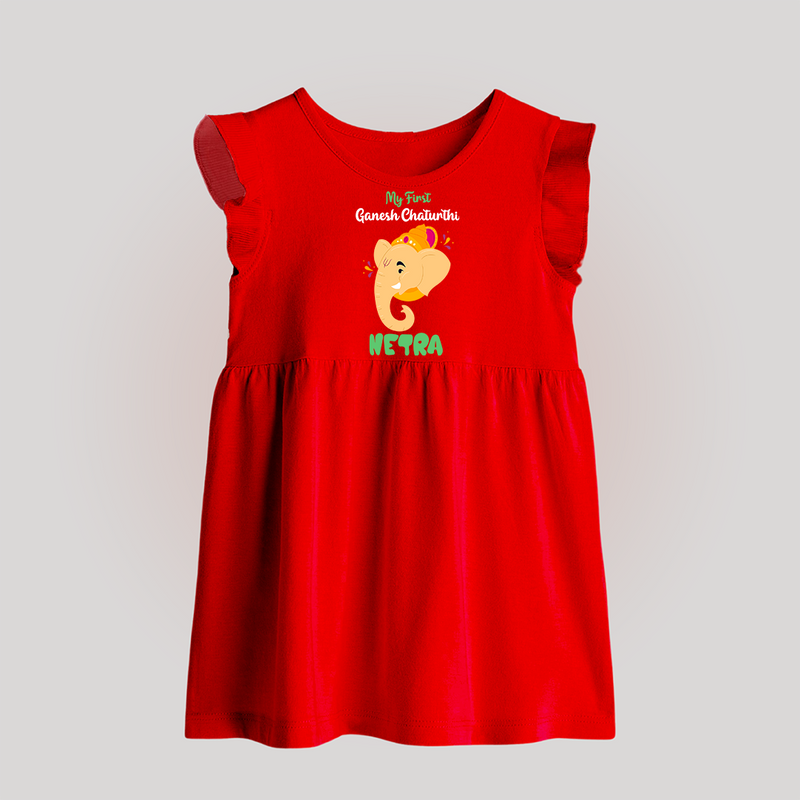 Ganesh Chaturthi Baby Frock | Personalized Baby Frock for Your Little Devotee - RED - 0 - 3 Months Old (Chest 17")