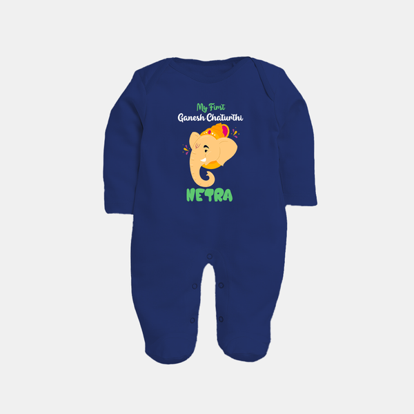 Ganesh Chaturthi Baby Sleep Suit / Full Sleeve Body Suit | Personalized Sleep Suit / Full Sleeve Body Suit for Your Little Devotee - NAVY BLUE - New Born (Chest 7.5")