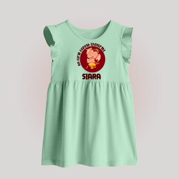 Little Ganesha Baby Frock | Custom Baby Frock for First Ganesh Chaturthi Celebration - MINT GREEN - 0 - 3 Months Old (Chest 17")