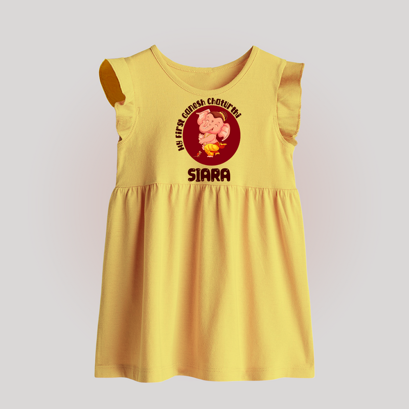 Little Ganesha Baby Frock | Custom Baby Frock for First Ganesh Chaturthi Celebration - PASTEL YELLOW - 0 - 3 Months Old (Chest 17")