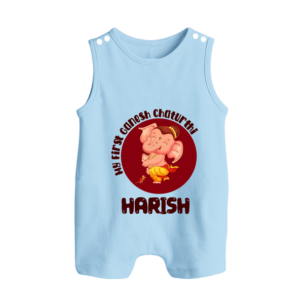Little Ganesha Romper Suit / Sleeveless Romper | Custom Baby Romper Suit / Sleeveless Romper for First Ganesh Chaturthi Celebration - BABY BLUE - 0 - 5 Months Old (Chest 18")