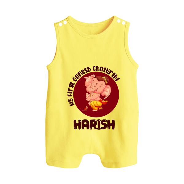 Little Ganesha Romper Suit / Sleeveless Romper | Custom Baby Romper Suit / Sleeveless Romper for First Ganesh Chaturthi Celebration - PASTEL YELLOW - 0 - 5 Months Old (Chest 18")