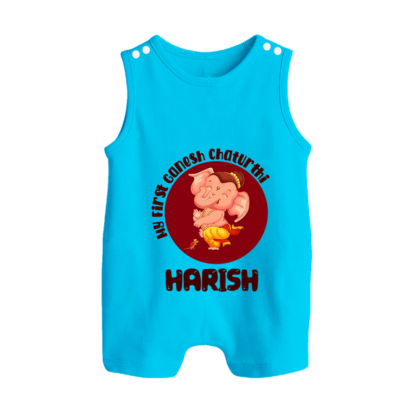 Little Ganesha Romper Suit / Sleeveless Romper | Custom Baby Romper Suit / Sleeveless Romper for First Ganesh Chaturthi Celebration - SKY BLUE - 0 - 5 Months Old (Chest 18")