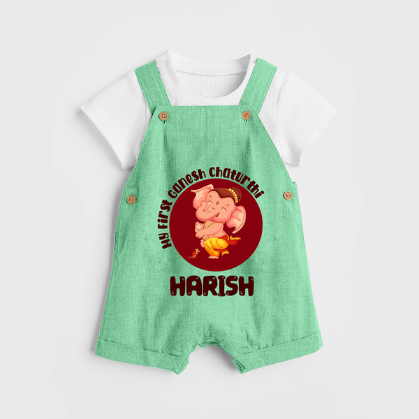 Little Ganesha Dungaree Set | Custom Baby Dungaree Set for First Ganesh Chaturthi Celebration - GREEN - 0 - 5 Months Old (Chest 18")