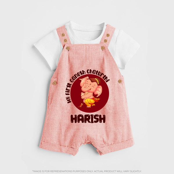Little Ganesha Dungaree Set | Custom Baby Dungaree Set for First Ganesh Chaturthi Celebration - PEACH - 0 - 5 Months Old (Chest 18")