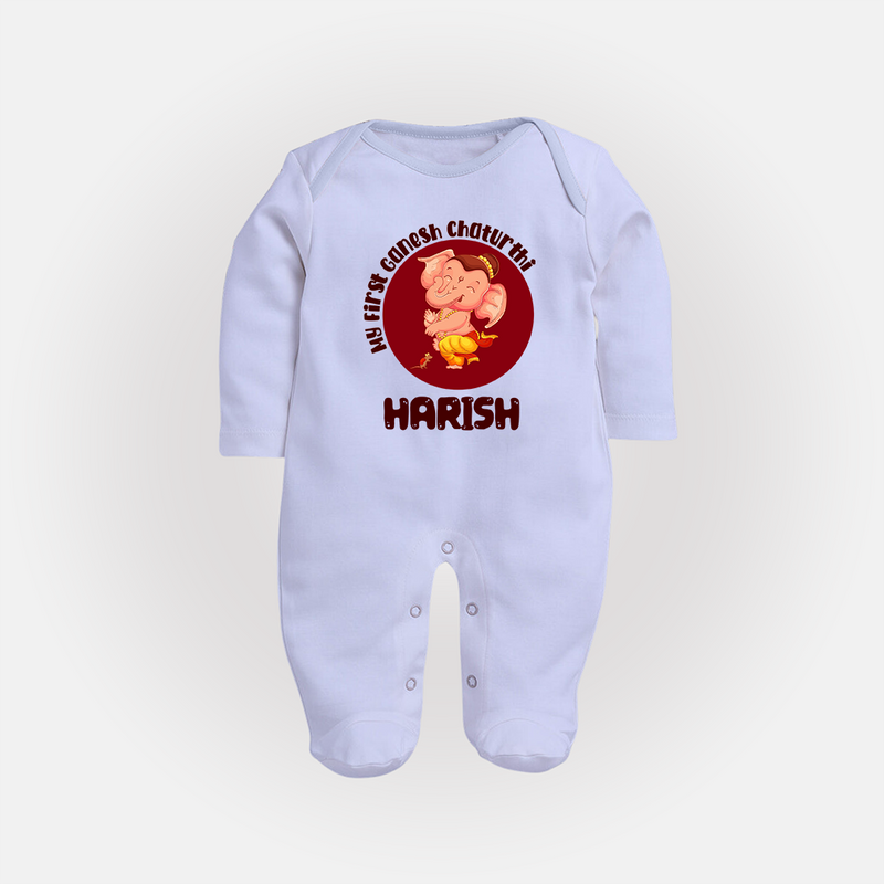 Little Ganesha Sleep Suit / Full Sleeve Body Suit | Custom Baby Sleep Suit / Full Sleeve Body Suit for First Ganesh Chaturthi Celebration - BABY BLUE - New Born (Chest 7.5")