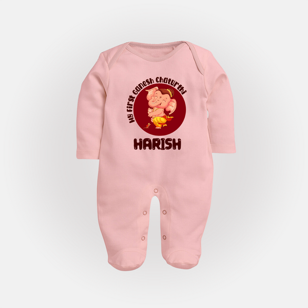 Little Ganesha Sleep Suit / Full Sleeve Body Suit | Custom Baby Sleep Suit / Full Sleeve Body Suit for First Ganesh Chaturthi Celebration - BABY PINK - New Born (Chest 7.5")