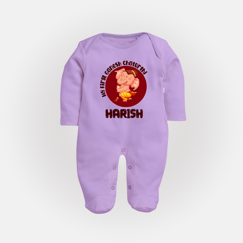 Little Ganesha Sleep Suit / Full Sleeve Body Suit | Custom Baby Sleep Suit / Full Sleeve Body Suit for First Ganesh Chaturthi Celebration - LILAC - New Born (Chest 7.5")